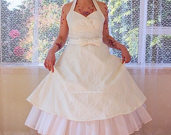 1950's "Arabella" Ivory Lace Wedding Dress with Duchess Satin Halterneck Trim and Belt, Tea Length Skirt and Petticoat - Custom made to fit
