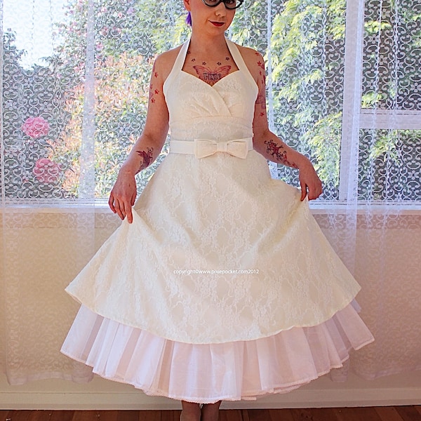 1950's "Arabella" Ivory Lace Wedding Dress with Duchess Satin Halterneck Trim and Belt, Tea Length Skirt and Petticoat - Custom made to fit