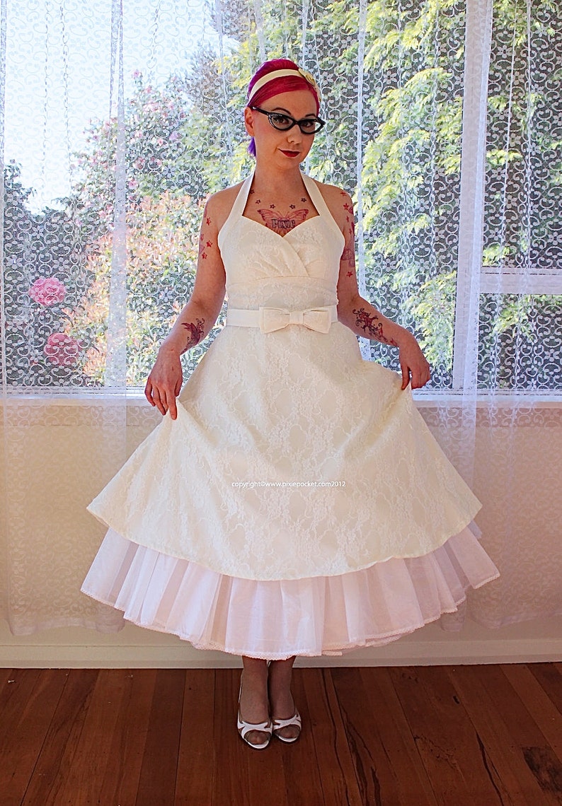 1950's Arabella Ivory Lace Wedding Dress with Duchess Satin Halterneck Trim and Belt, Tea Length Skirt and Petticoat Custom made to fit image 1