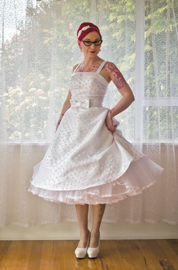 1950's Rockabilly 'Tiffany' Ivory Polka Dot Wedding Dress with Lapels, Bow Belt and Petticoat - Custom Made to Fit