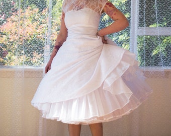 1950s Rockabilly Wedding Dress 'Lacey' with Lace Overlay, Sweetheart Neckline, Tea Length Skirt and Petticoat - Custom made to fit