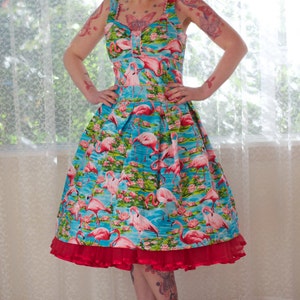 1950's Rockabilly Holly Dress with Pink Flamingos, Pleats, Ric Rac trim and Gathered Front Custom made to fit image 2