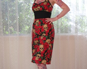 Rockabilly 'Naomi' Rose and Skull Wiggle Dress with Gathered Front, Ric Rac Trim, Pencil Skirt and Black Pleat - Custom made to fit