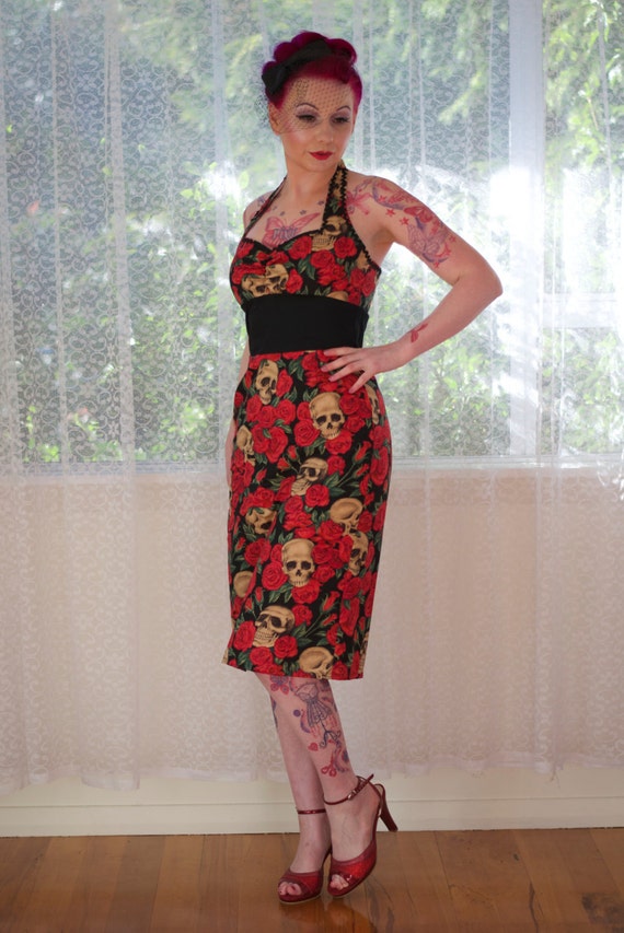 Rockabilly 'naomi' Rose and Skull Wiggle Dress With Gathered Front, Ric Rac  Trim, Pencil Skirt and Black Pleat Custom Made to Fit -  Canada