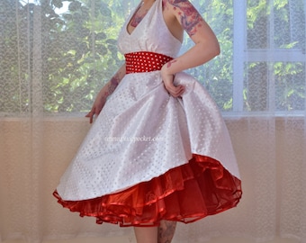 1950's Rockabilly "Lara" Wedding Dress with Red Polka Dot Waistband, Full Circle Skirt  and Red Petticoat - Custom Made to Fit - Any Colour
