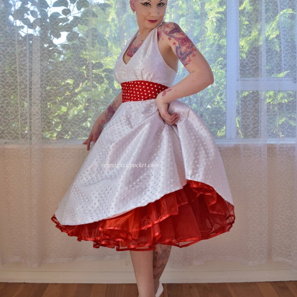 1950's Rockabilly "Lara" Wedding Dress with Red Polka Dot Waistband, Full Circle Skirt  and Red Petticoat - Custom Made to Fit - Any Colour