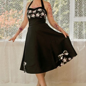 1950's Phoebe Style Rockabilly Pin up Dress with Skull Bodice and Sweetheart Neckline and Bow Detail custom made to fit image 1