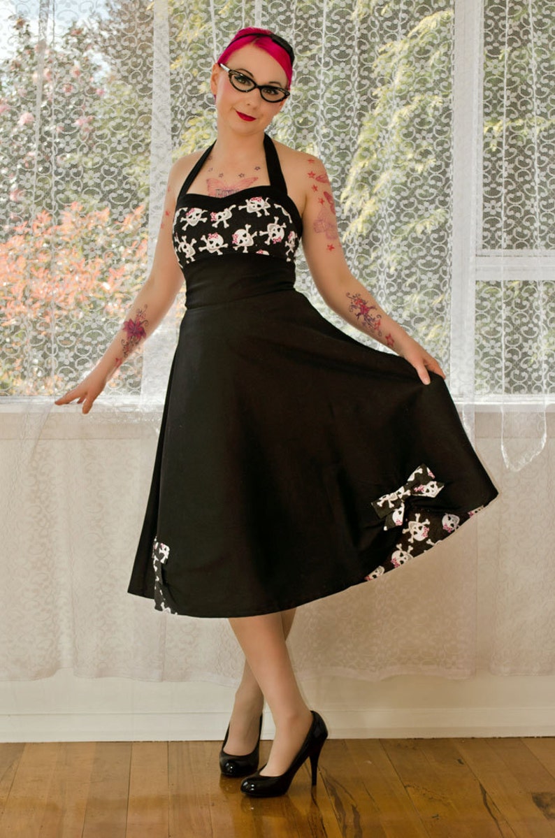 1950's Phoebe Style Rockabilly Pin up Dress with Skull Bodice and Sweetheart Neckline and Bow Detail custom made to fit image 1