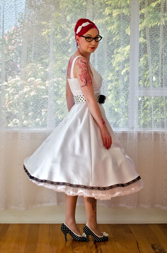 1950s Pin up 'audrey' Wedding Dress in a With Polka Dot Bodice, Belt and  Organza Petticoat Tea Length - Custom Made to Fit - Etsy