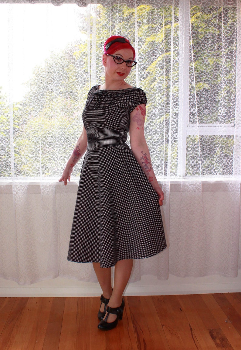 1950s Retro Mary Office Dress with Full Skirt, Peter Pan Collar and Puff Sleeves Any Colour Custom made to Fit image 2