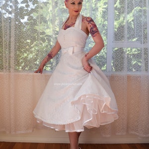 1950s Rockabilly Wedding Dress 'Clarissa' with Lace Overlay, Sweetheart Neckline, Tea Length Skirt and Petticoat - Custom made to fit