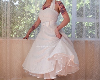 1950s Rockabilly Wedding Dress 'Clarissa' with Lace Overlay, Sweetheart Neckline, Tea Length Skirt and Petticoat - Custom made to fit