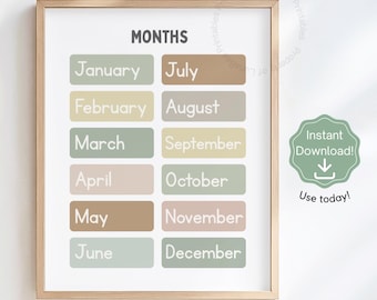 Poster Monate, Klassenzimmer Kalender Kunst, Boho Montessori Dekor, Schulkalender, Vorschule lernen (Instant Download)