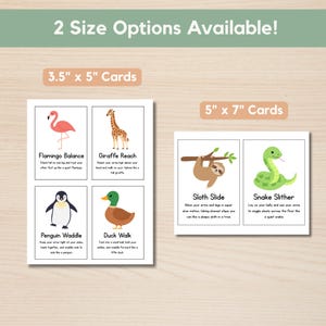 Pu&ograve; includere: Schede di esercizi con pose di animali, disponibili in due dimensioni: 8,9 cm x 12,7 cm e 12,7 cm x 17,8 cm. Ogni scheda presenta un'illustrazione di un animale e le istruzioni per un esercizio, come "Flamingo Balance" e "Sloth Slide".