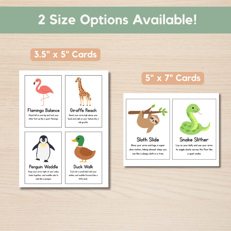 Pu&ograve; includere: Schede di esercizi con pose di animali, disponibili in due dimensioni: 8,9 cm x 12,7 cm e 12,7 cm x 17,8 cm. Ogni scheda presenta un'illustrazione di un animale e le istruzioni per un esercizio, come "Flamingo Balance" e "Sloth Slide".