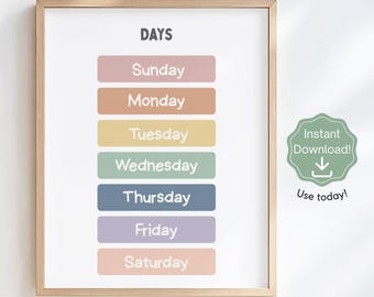 Educational Poster | Days of the Week | Classroom Printable | Boho Educational Wall Art (Instant Download)