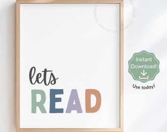 Lasst uns lesen Poster Leseecke Dekor Montessori Bibliothek Zeichen Alphabetisierung Klassenzimmer Kunst Boho Buch Ecke Druck Kinder Schlafzimmer Wandkunst Kinderzimmer PDF