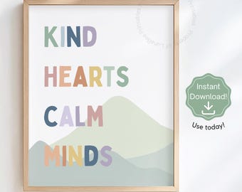 Kind Hearts Calm Minds Poster, Boho Classroom Decor, SEL Wall Art, Growth Mindset Nursery, Elementary Teacher Gift, Neutral Playroom, PDF