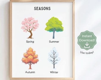 Lernposter für Kinder, die vier Jahreszeiten, Kunst für das Klassenzimmer, Frühling Sommer Herbst Winter, Montessori Poster (Digitaler Download)