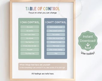 Table of Control druckbares Poster, ich kann, ich kann nicht kontrollieren, SEL-Klassenzimmer, ruhige Ecke, Bewältigungsfähigkeiten Kinder, Angst-Tool, Ratgeber