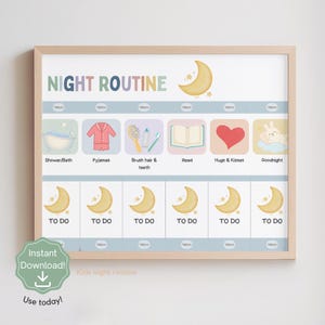 Horario visual de rutina nocturna, lista de verificación para la hora de dormir de los niños, tareas vespertinas Montessori, tabla de rutina para niños pequeños, herramienta para consejeros escolares, impresión en PDF