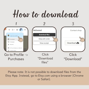 Pu&ograve; includere: Una guida passo-passo su come scaricare file da Etsy. L'immagine mostra tre passaggi: Vai a Profilo -> Acquisti, Clicca su "Scarica file" e Clicca su "Scarica". Il testo indica di usare un browser.