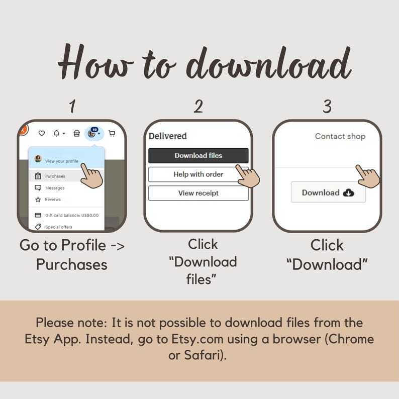 Pu&ograve; includere: Una guida passo-passo su come scaricare file da Etsy. L'immagine mostra tre passaggi: Vai a Profilo -> Acquisti, Clicca su "Scarica file" e Clicca su "Scarica". Il testo indica di usare un browser.