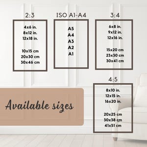 Pu&ograve; includere: Immagine che mostra vari formati di stampa in cm e pollici, tra cui 10x15 cm, 20x30 cm e 30x46 cm, oltre ai formati ISO A1-A4. Il testo "Available sizes" &egrave; presente.