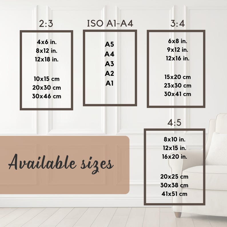 Pu&ograve; includere: Immagine che mostra vari formati di stampa in cm e pollici, tra cui 10x15 cm, 20x30 cm e 30x46 cm, oltre ai formati ISO A1-A4. Il testo "Available sizes" &egrave; presente.