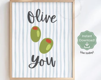 Olive You Pun Poster, Niedliche Kinderzimmer Wandkunst, Kinderzimmer Dekor, Verspieltes Essen Wortspiel Druck, Gender Neutral Kindergarten, Vorschule Klassenzimmer Kunst, PDF