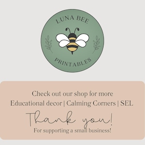 Pu&ograve; includere: Un logo circolare con un'illustrazione di un'ape e il testo "LUNA BEE PRINTABLES". Sotto, un rettangolo beige mostra le parole "Thank you!" e "For supporting a small business!"