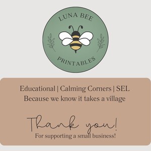 Puede incluir: Un logotipo de Luna Bee Printables, con una ilustraci&oacute;n de abeja en un c&iacute;rculo verde con el texto "LUNA BEE PRINTABLES". Debajo, un rect&aacute;ngulo marr&oacute;n con el texto "Educational | Calming Corners | SEL" y "Thank you!"