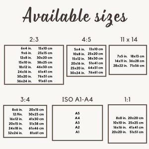 May include: A beige graphic with the text "Available sizes" in a decorative font. Below, various print sizes are listed in inches and centimeters, including 6x4 in. (15x10 cm) and 36x24 in. (91x61 cm).