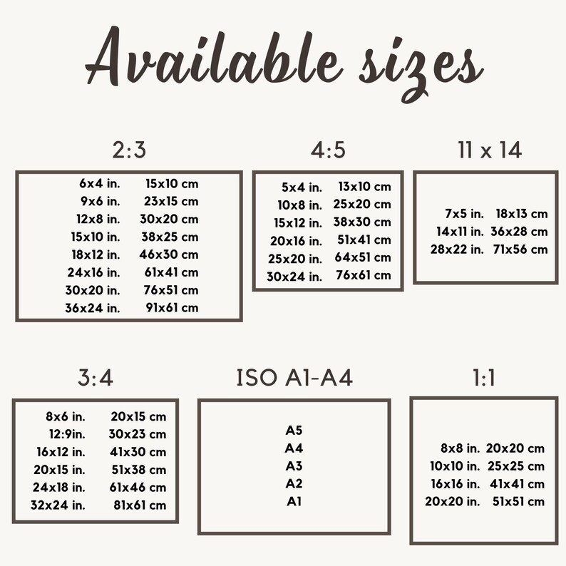 May include: A beige graphic with the text "Available sizes" in a decorative font. Below, various print sizes are listed in inches and centimeters, including 6x4 in. (15x10 cm) and 36x24 in. (91x61 cm).