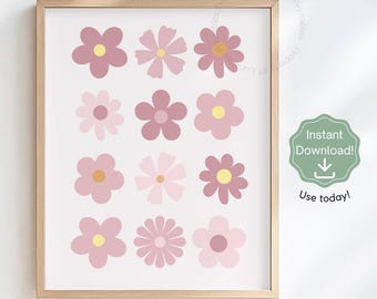 Retro Boho Blumen Poster, Kinderzimmer Wandbild, Kinderzimmer Dekor, Pastell rosa Wanddeko, Kinderzimmer Dekor (Instant Download)