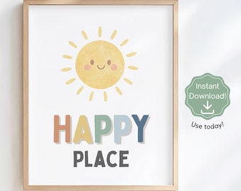 My Happy Place Wandkunst für Kinder, neutraler Regenbogen Boho, beruhigende Ecke, Montessori Klassenzimmer Dekoration für Zuhause (Instant Download)