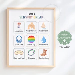 Può includere: Una stampa incorniciata con la scritta "I NEED A SENSORY BREAK" e illustrazioni di attività come movimento, pressione profonda e tempo tranquillo. Include un adesivo verde "Instant Download!"
