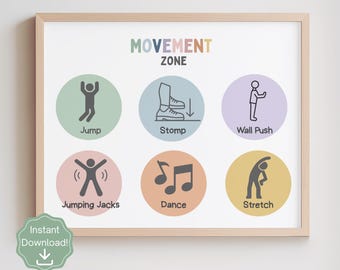 Bewegungszone Poster für Kinder, ruhige Ecke Klassenzimmer druckbar, Montessori Bewegungspause, sensorische Hilfe, (digitaler Download)