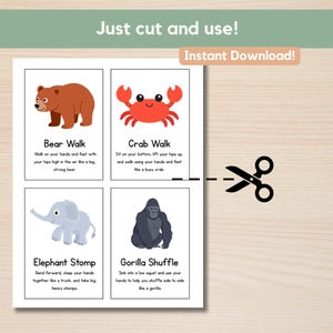 Pu&ograve; includere: Un foglio stampabile con quattro schede di esercizi a tema animale. Ogni scheda presenta un'illustrazione di un animale dei cartoni animati e le istruzioni per un esercizio corrispondente: Camminata dell'orso, Camminata del granchio, Calpestio dell'elefante e Camminata del gorilla. &Egrave; presente anche il testo "Just cut and use!" e "Instant Download!"