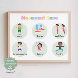 Puede incluir: Un cartel enmarcado con las palabras "Movement Zone" e ilustraciones de ni&ntilde;os realizando ejercicios como saltar, pisar y estirar. El cartel incluye el texto "&iexcl;Descarga instant&aacute;nea!" y "&iexcl;Usa hoy!"