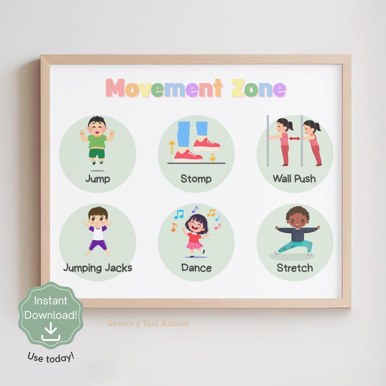 Puede incluir: Un cartel enmarcado con las palabras "Movement Zone" e ilustraciones de ni&ntilde;os realizando ejercicios como saltar, pisar y estirar. El cartel incluye el texto "&iexcl;Descarga instant&aacute;nea!" y "&iexcl;Usa hoy!"