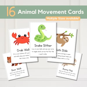 Pu&ograve; includere: Un set di 16 Animal Movement Cards con illustrazioni di animali come un granchio, un serpente e un bradipo. Ogni carta presenta un animale e le istruzioni per un movimento corrispondente. &Egrave; visibile anche il testo "Diverse misure disponibili!"