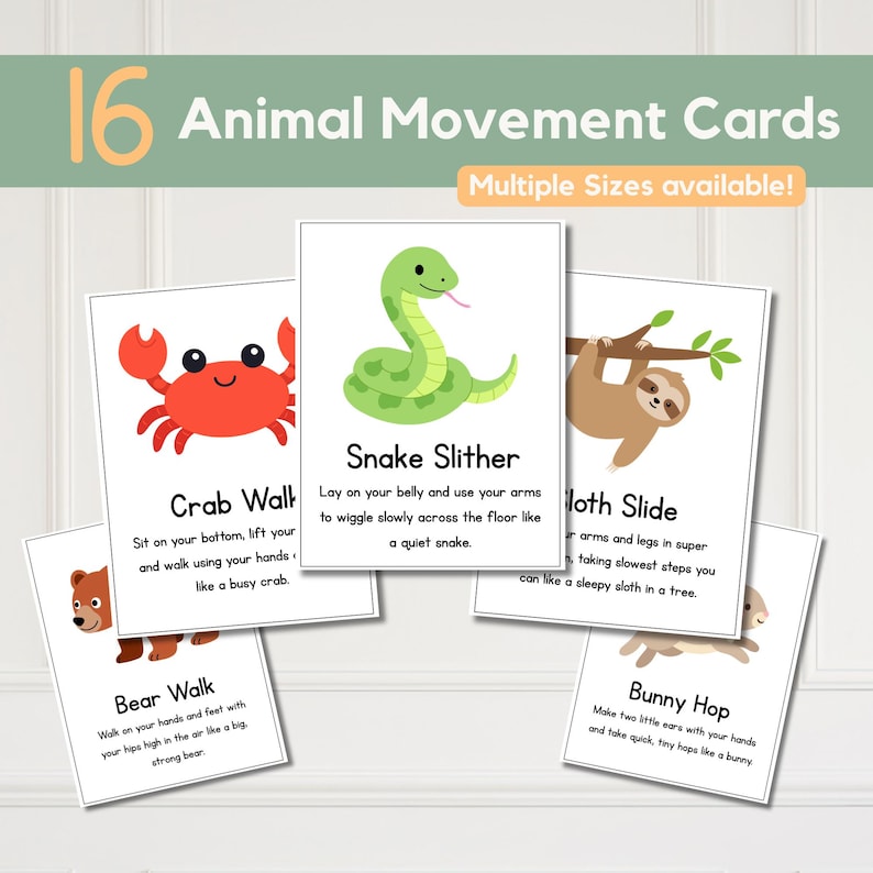 Pu&ograve; includere: Un set di 16 Animal Movement Cards con illustrazioni di animali come un granchio, un serpente e un bradipo. Ogni carta presenta un animale e le istruzioni per un movimento corrispondente. &Egrave; visibile anche il testo "Diverse misure disponibili!"