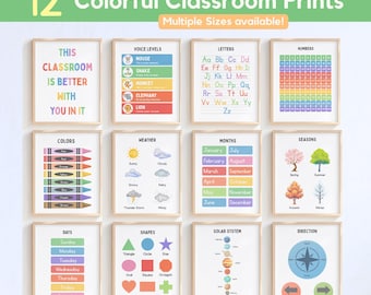 12 bunte Klassenzimmer-Drucke, Lernposter, Lerndekor, Montessori-Wandkunst, Schulbedarf, PDF