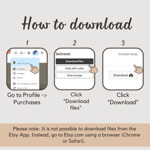 May include: A step-by-step guide on how to download files from Etsy. The image shows three steps: Go to Profile -> Purchases, Click "Download files", and Click "Download". The text also notes that downloads are not possible from the Etsy App.