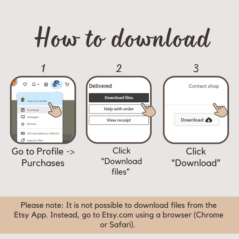 May include: A step-by-step guide on how to download files from Etsy. The image shows three steps: Go to Profile -> Purchases, Click "Download files", and Click "Download". The text also notes that downloads are not possible from the Etsy App.