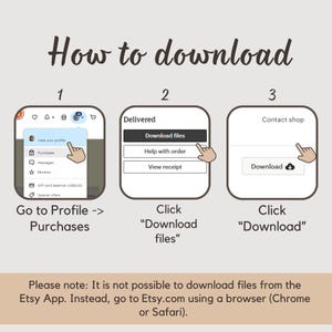 Puede incluir: Una gu&iacute;a paso a paso sobre c&oacute;mo descargar archivos de Etsy. La imagen muestra tres pasos: Ir a Perfil -> Compras, Hacer clic en "Descargar archivos" y Hacer clic en "Descargar". El texto indica que no se puede descargar desde la app.