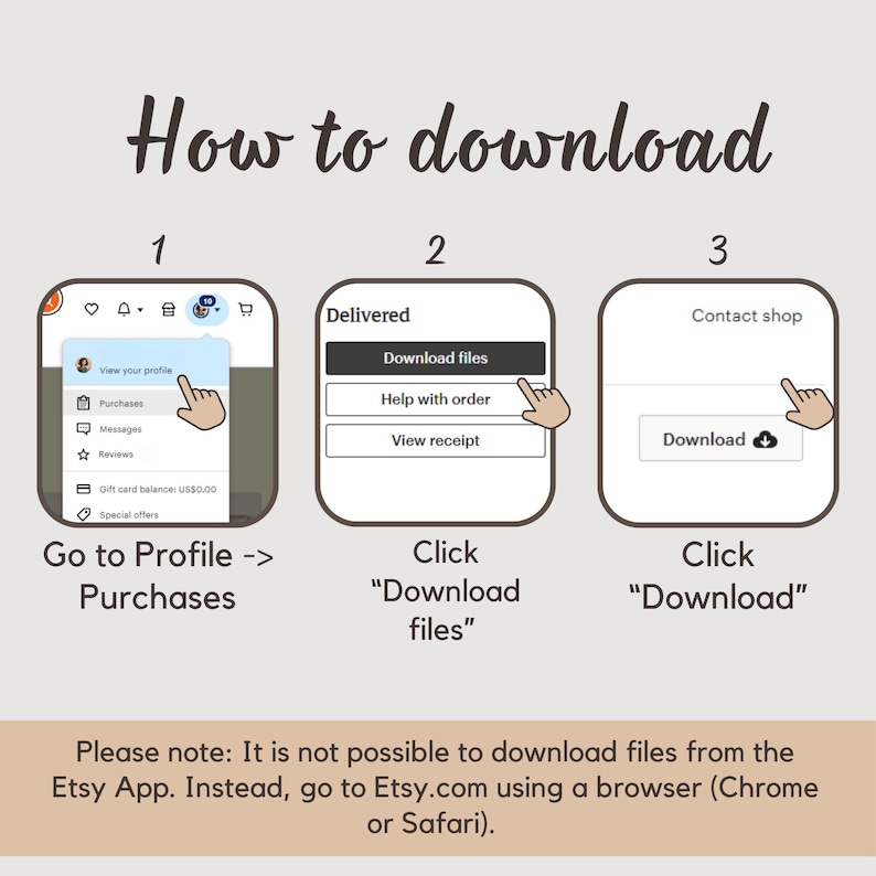Puede incluir: Una gu&iacute;a paso a paso sobre c&oacute;mo descargar archivos de Etsy. La imagen muestra tres pasos: Ir a Perfil -> Compras, Hacer clic en "Descargar archivos" y Hacer clic en "Descargar". El texto indica que no se puede descargar desde la app.