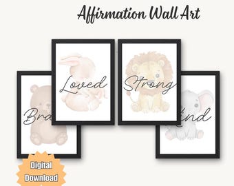 Affirmation Wandkunst Set, druckbares Set für Kinderzimmer, niedliche Tierdrucke mit positiven Worten, Spielzimmerdekor