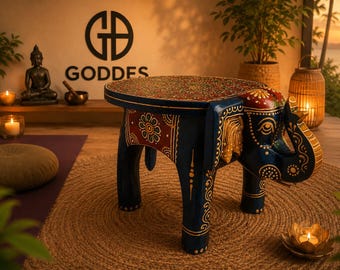 Hand Painted Elephant Stool Wooden Side Table | Boho Meditation Decor | Indian Ethnic Furniture |